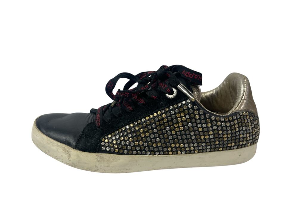 Zadig & Voltaire Black Leather Studded Lace Up Round Toe Sneakers Shoes Size 8.5